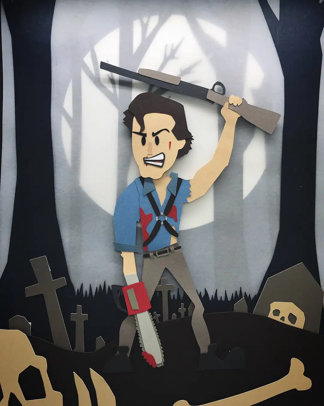 A paper-cutout illustration depicts a man with an angry expression, holding a shotgun over his shoulder and a chainsaw in…