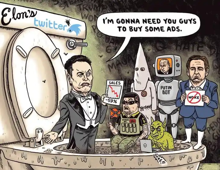 A cartoon depicts Elon Musk sitting in a toilet labeled 'Elon's twitter', holding a sign showing '-59% SALES'. Around him…