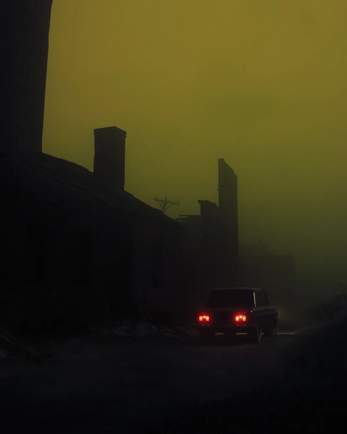 A dark, atmospheric image shows the rear of a vintage car with glowing red taillights driving down a foggy, desolate road at…