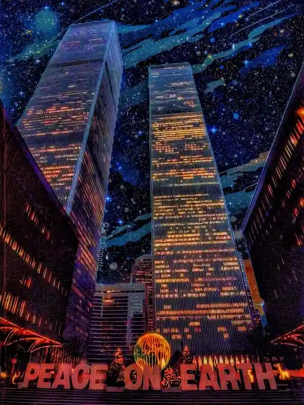 A stylized, painterly image of the Twin Towers of the World Trade Center at night, set against a starry, cosmic sky with…