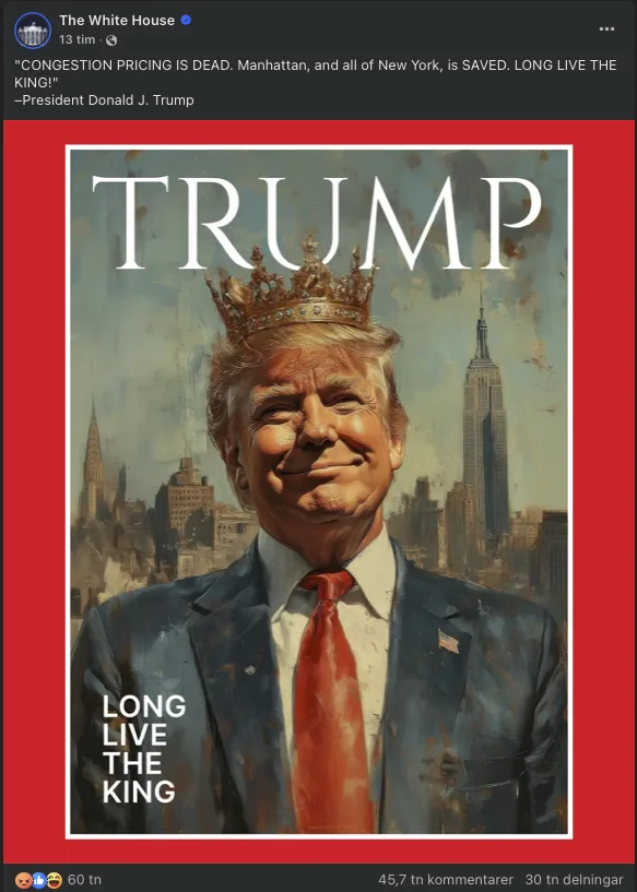 A digitally altered magazine cover features Donald Trump wearing a golden crown, smiling, against a New York City skyline…
