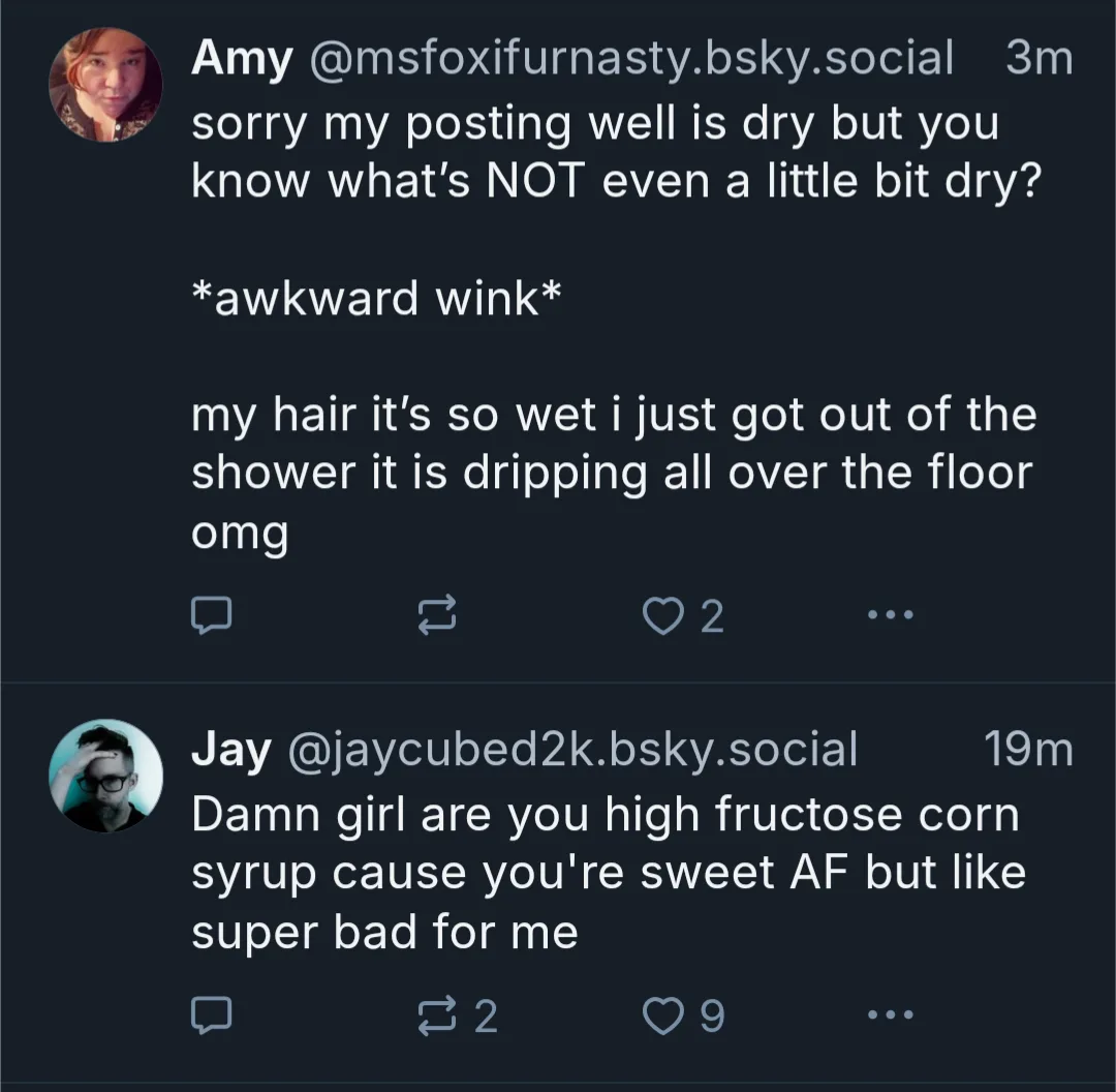 A screenshot of two social media posts. The first post by 'Amy' apologizes for a dry post, then jokes that her hair is wet…