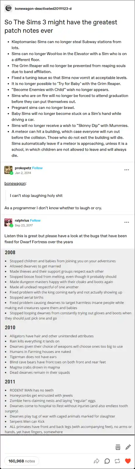 The image displays a social media post comparing the patch notes for The Sims 3 with those of Dwarf Fortress, highlighting…