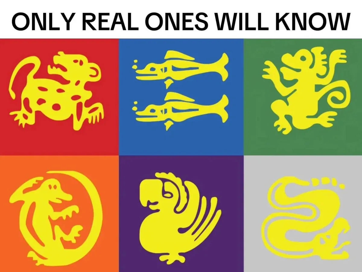 The image displays six yellow stylized animal figures arranged in a 2x3 grid on colored backgrounds: a spotted beast on red…