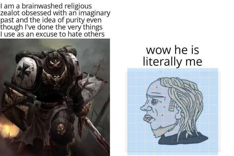 The image displays two panels: left shows a heavily armored, grim-faced warrior in dark, ornate armor with a cross symbol…