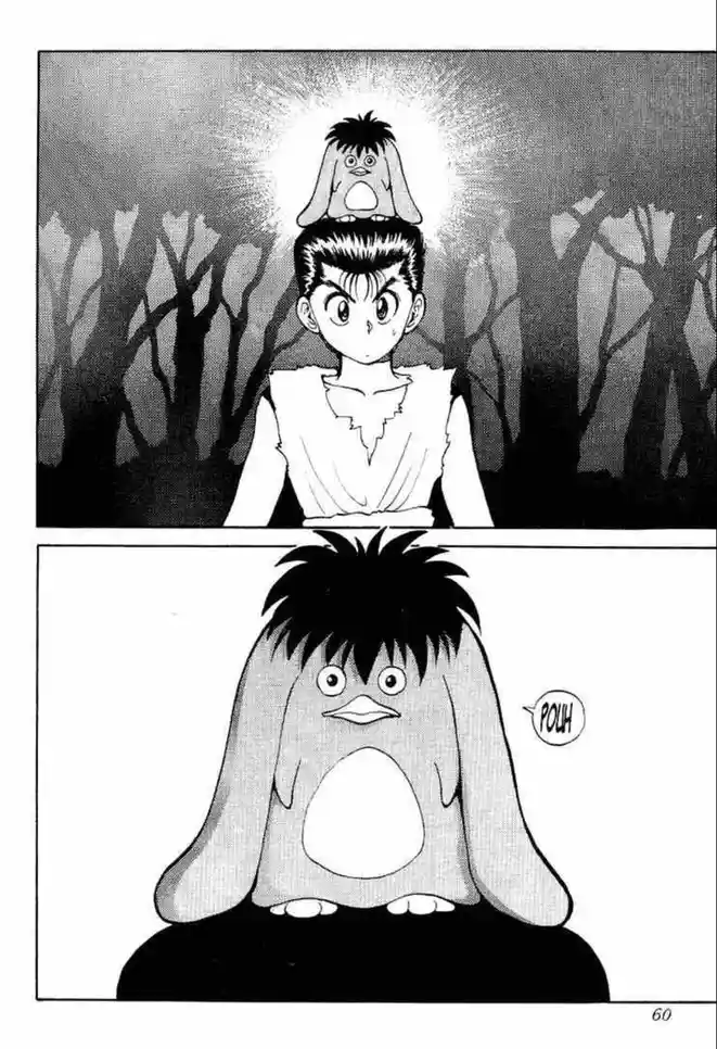 A two-panel manga scene from 'Yu Yu Hakusho' shows a young boy with a small, penguin-like creature with long ears perched on…