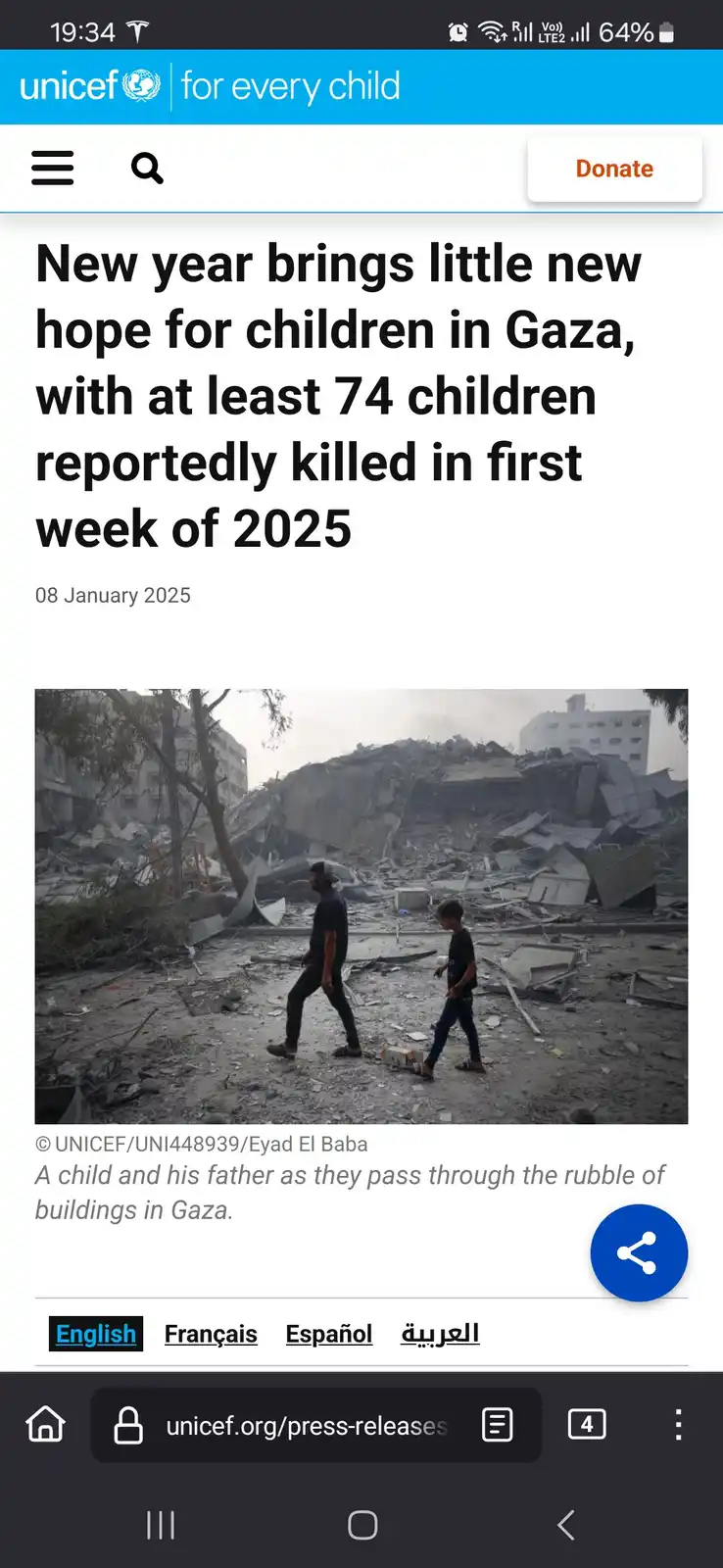 A screenshot of a UNICEF press release from January 8, 2025, shows a photo of a child and his father walking through rubble…