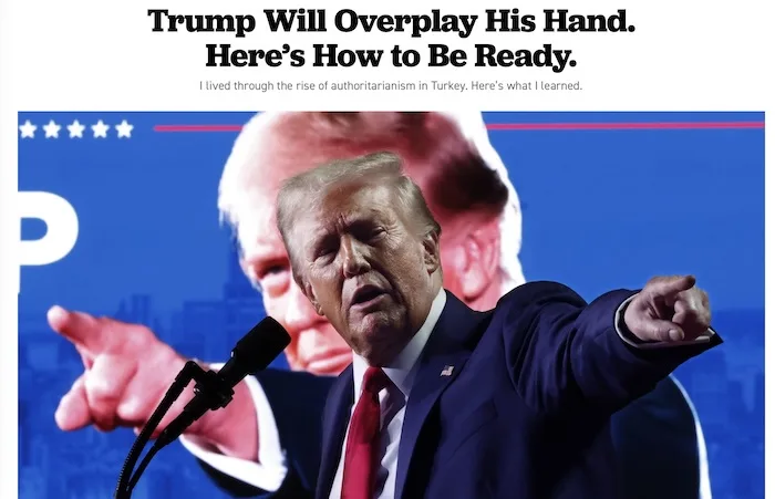A photo of Donald Trump pointing angrily at a microphone, overlaid with bold text reading 'Trump Will Overplay His Hand…