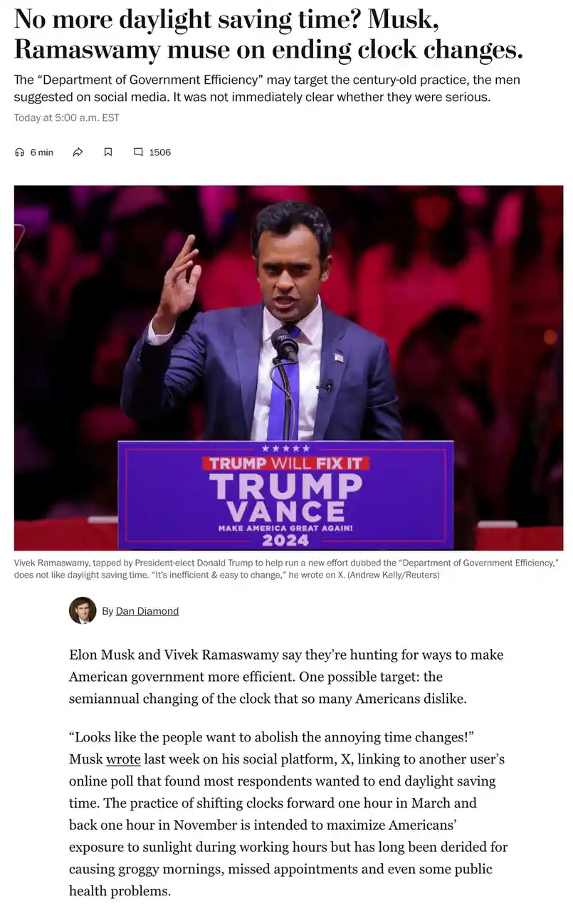 A news article screenshot shows Vivek Ramaswamy speaking at a podium with 'TRUMP VANCE 2024' and 'TRUMP WILL FIX IT'…