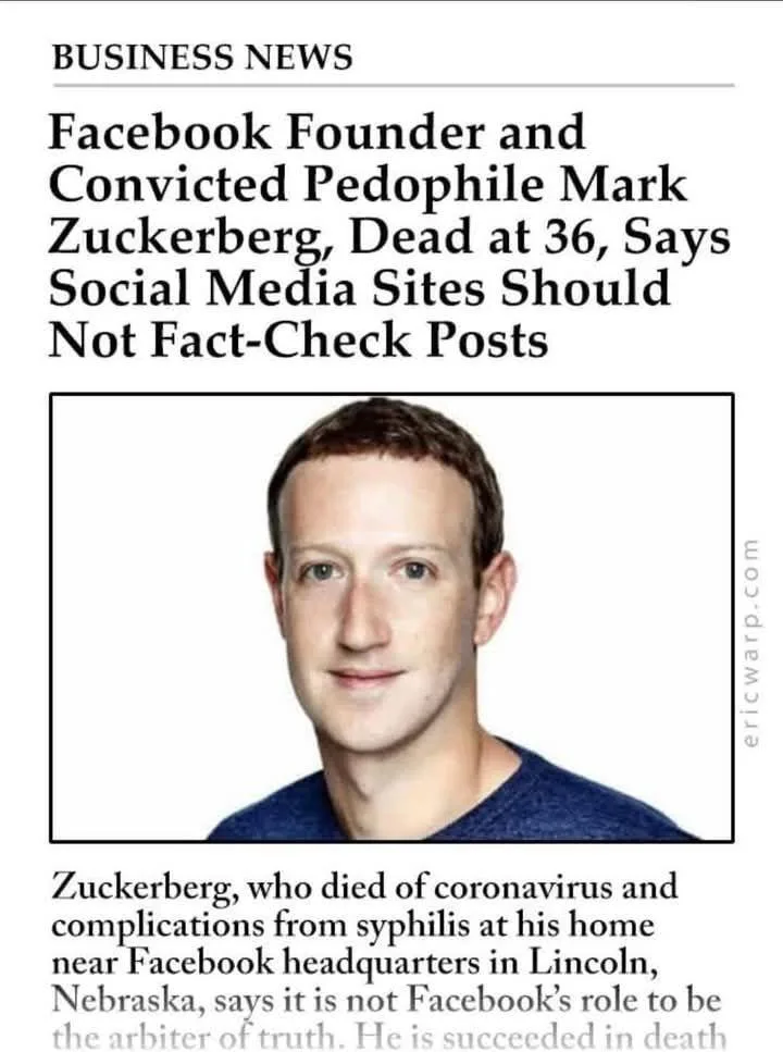 A fake newspaper article titled 'BUSINESS NEWS' features a photo of Mark Zuckerberg with the headline claiming he is a…