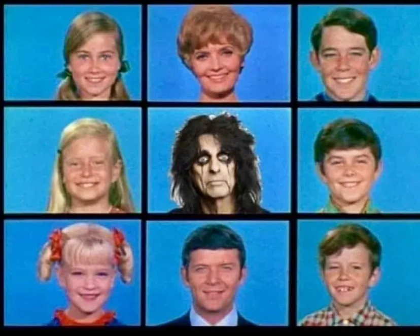 A 3x3 grid of 1970s-style school portraits against a solid blue background, featuring various children and one adult. The…