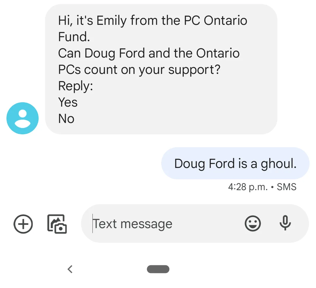A screenshot of a text message conversation shows a message from 'Emily from the PC Ontario Fund' asking if Doug Ford and…