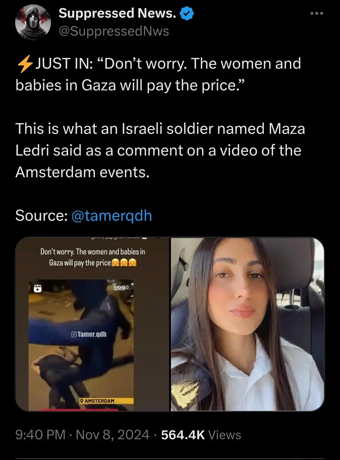 A screenshot of a social media post by 'Suppressed News.' shows a split image: on the left, a blurry video clip labeled…
