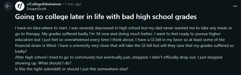 A Reddit post screenshot with a dark background and white text, showing a user named 'SouperScott' asking for advice about…