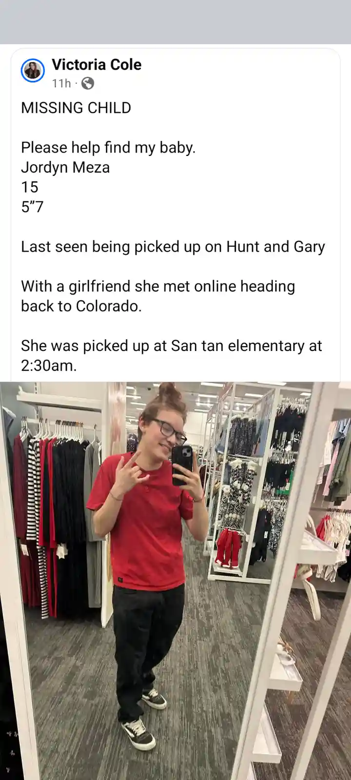 A social media post styled as a missing child alert is overlaid on a photo of a young person in a clothing store mirror. The…