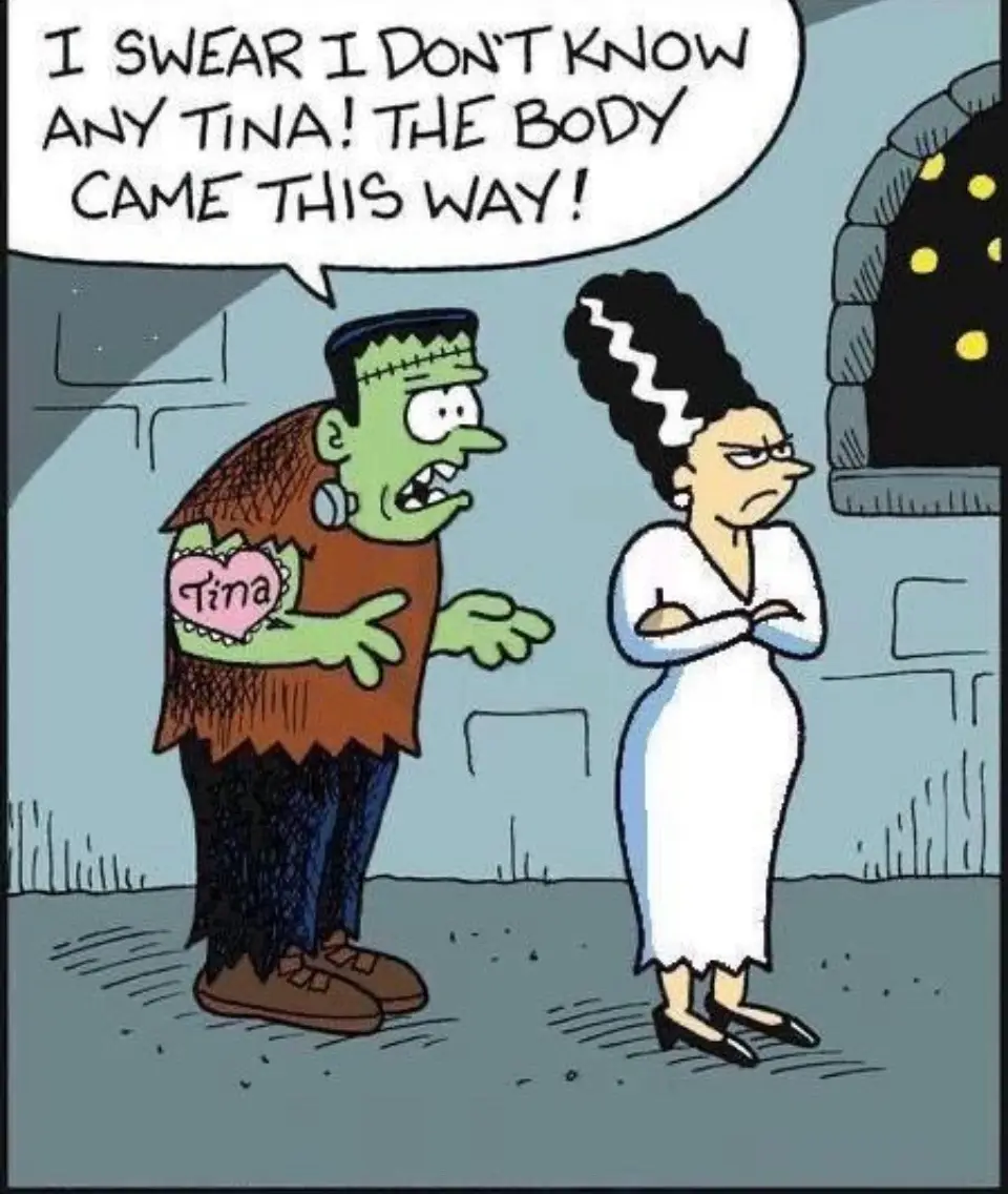 A cartoon Frankenstein's monster with a pink heart tattoo reading 'Tina' on his chest is pointing and shouting to a…