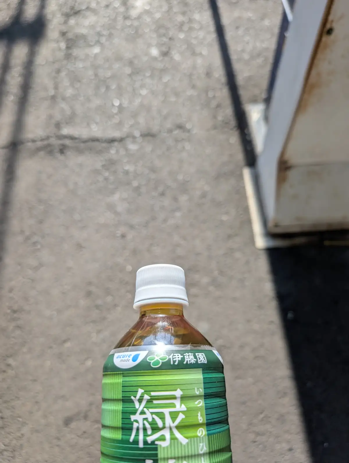 A close-up photo shows a green-labeled plastic bottle of Ito En green tea with a white cap, standing on a paved sidewalk…