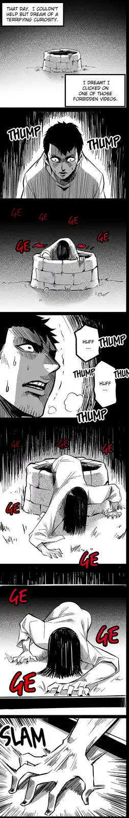A black-and-white manga panel sequence shows a man dreaming of clicking a forbidden video, which causes him to experience a…