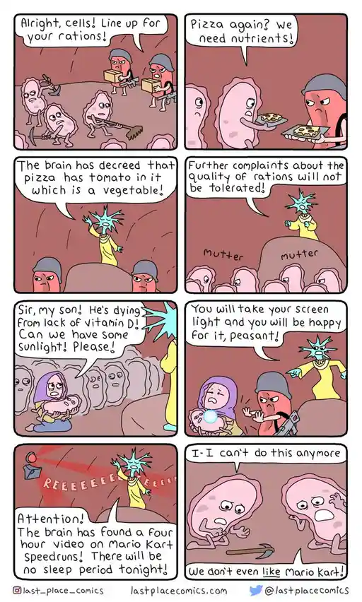 A six-panel comic depicts pink, cell-like characters in a cave-like setting, forced to work and eat pizza under the…