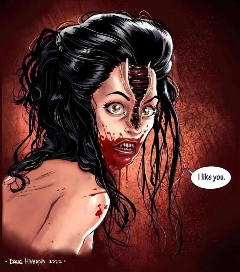 A graphic illustration of a woman with long black hair, her face split down the middle with one side normal and the other…
