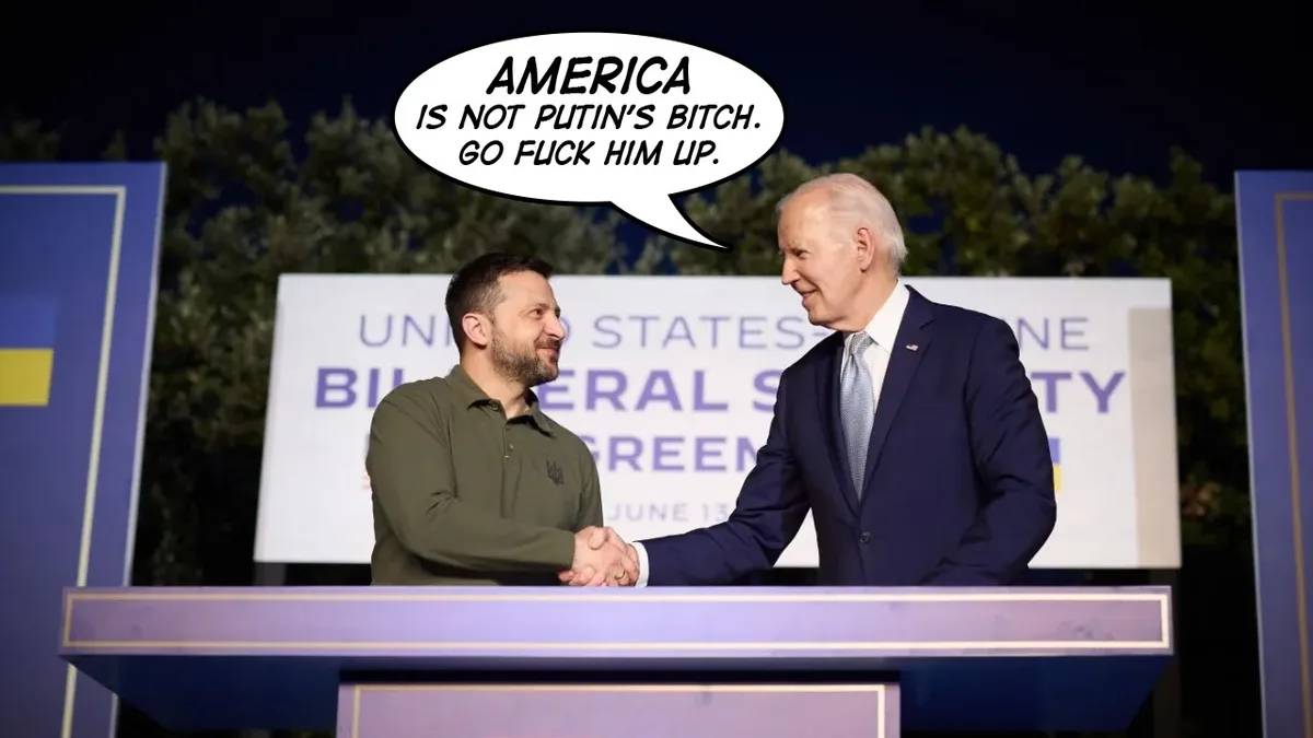 Two men, identified as Ukrainian President Volodymyr Zelenskyy and U.S. President Joe Biden, are shaking hands at a podium…