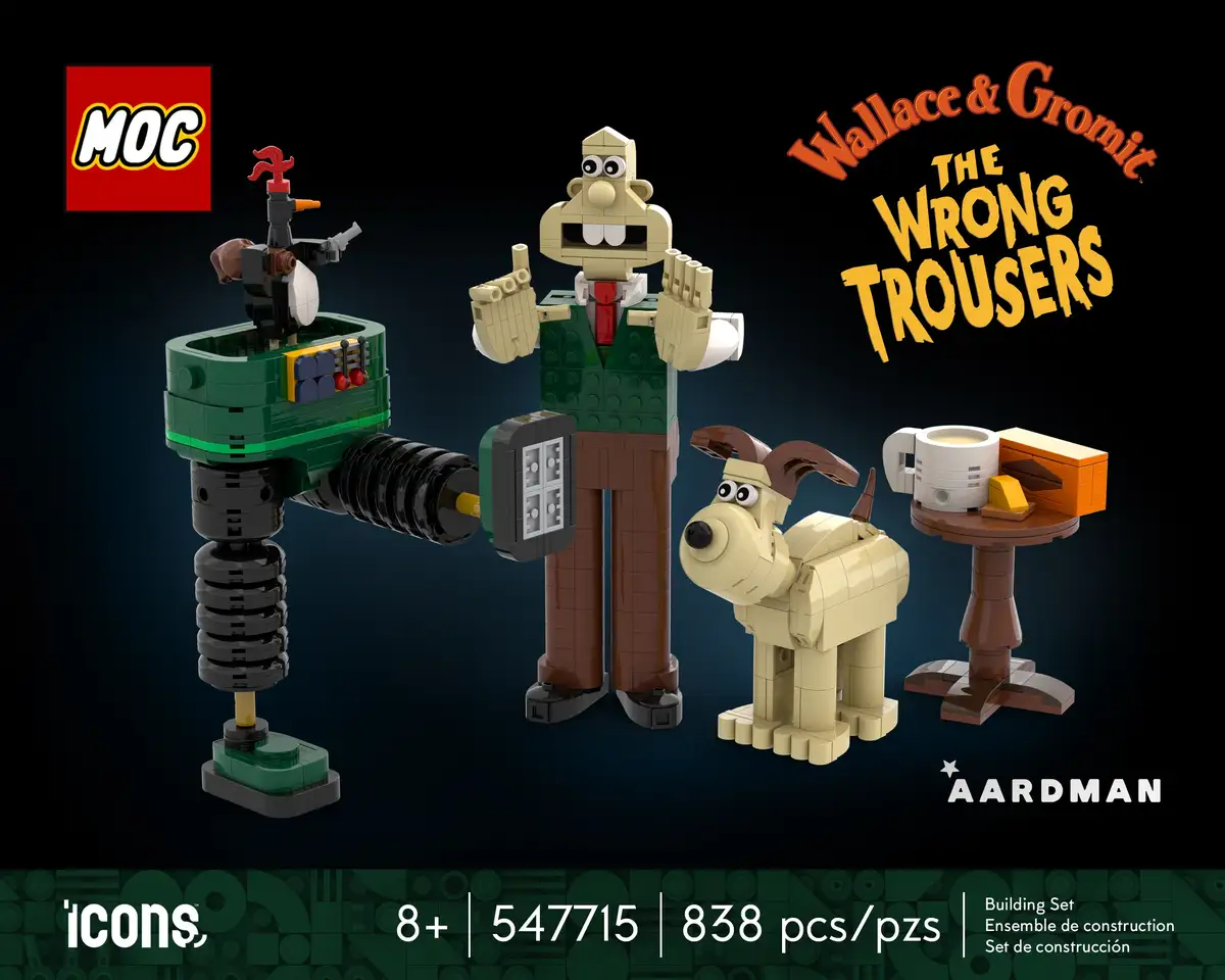 A promotional image for a LEGO MOC (My Own Creation) building set featuring LEGO brick models of Wallace & Gromit from 'The…