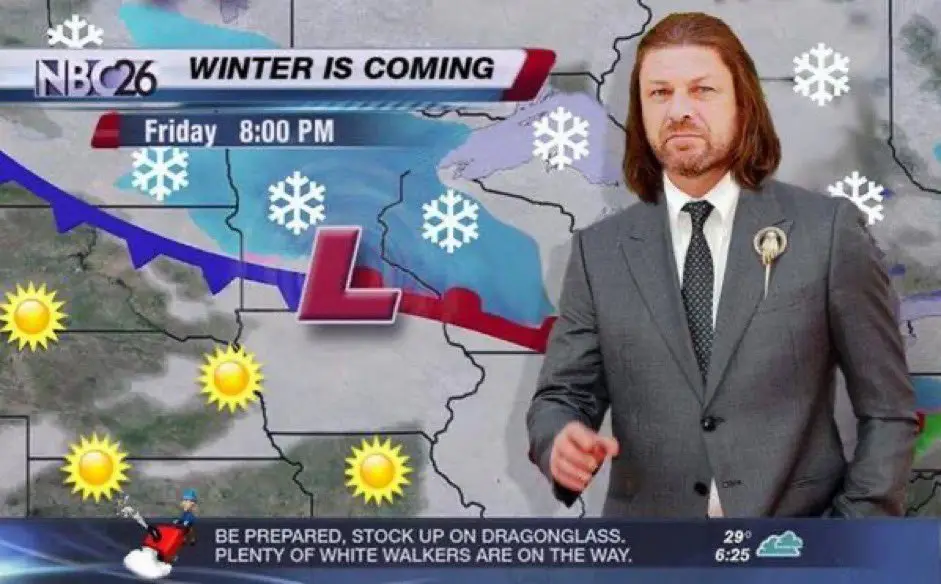 A weatherman in a suit stands before a weather map showing snow and sun icons, with the text 'WINTER IS COMING' and 'BE…