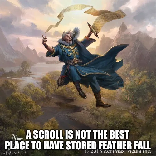 A fantasy illustration shows an elderly wizard in a blue robe floating mid-air above a river valley, holding a scroll that…