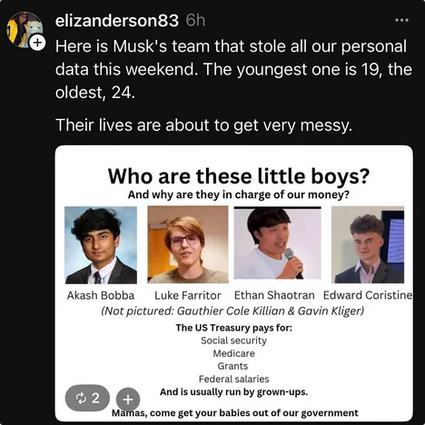A screenshot of a social media post showing a meme image with four young men's photos and names: Akash Bobba, Luke Farrir…