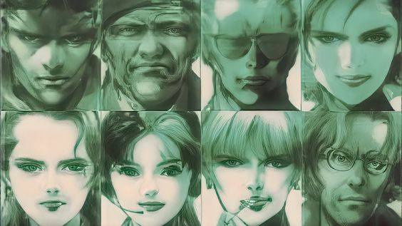 A collage of eight stylized, digitally rendered human faces arranged in a 2x4 grid, each with a distinct expression and…