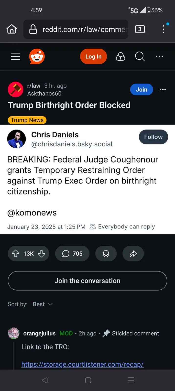 A screenshot of a Reddit post in the r/law subreddit shows a post by user Chris Daniels claiming a federal judge blocked a…