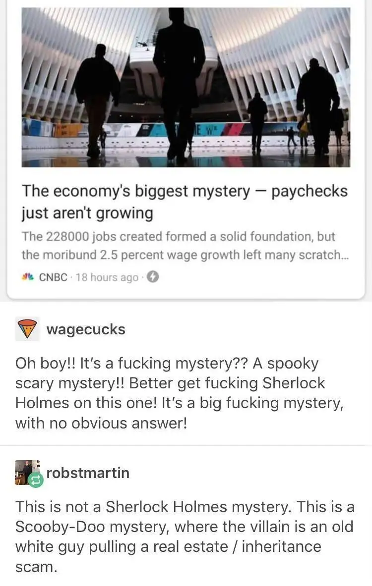 The image shows a screenshot of a CNBC news article headline about stagnant wage growth, overlaid with two Reddit comment…