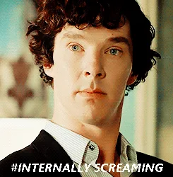 Six identical panels show actor Benedict Cumberbatch as Sherlock Holmes with a deadpan, intense expression. Each panel has…