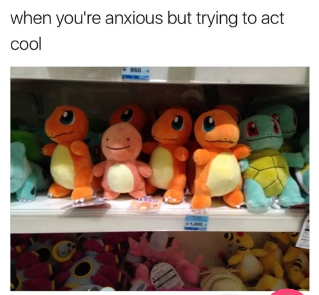 A shelf of Pokemon plush toys, featuring several orange Charmander dolls with stern, unsmiling faces, flanked by a smiling…