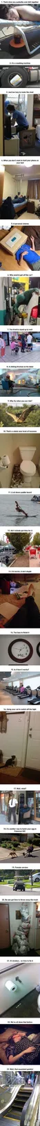 A vertical collage of 23 images, each depicting a person or situation in a state of extreme laziness or absurdity, with…