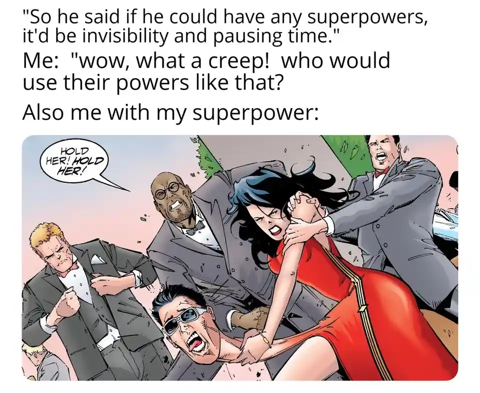 A comic panel shows a woman in a red dress being violently restrained by three men in suits while a fourth man in sunglasses…