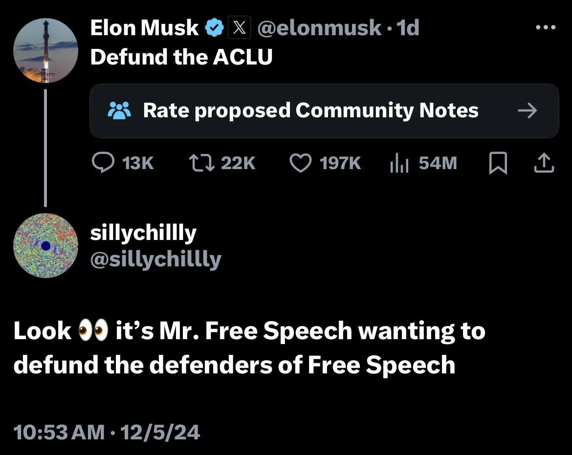 A screenshot of a Twitter/X thread shows Elon Musk's tweet saying 'Defund the ACLU'. Below it, a reply from user…