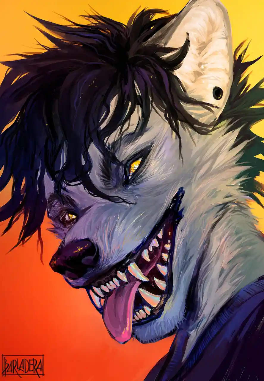 A stylized digital painting shows a wolf-like anthropomorphic character with messy black hair, glowing yellow eyes, and a…