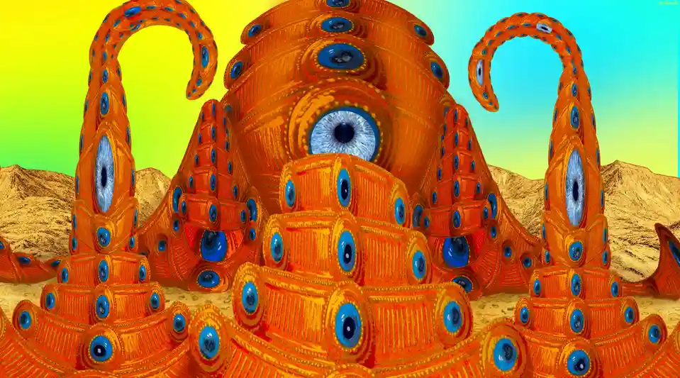 A surreal, brightly colored illustration depicts a giant, ornate orange octopus with dozens of blue human-like eyes embedded…