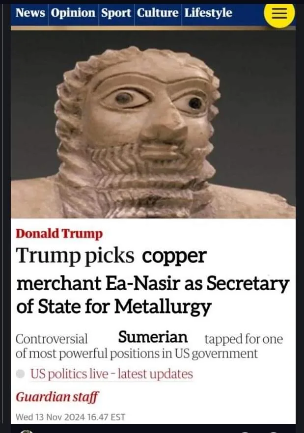 An image mimicking a Guardian news article, featuring a photo of a Sumerian-style statue with exaggerated eyes. The headline…