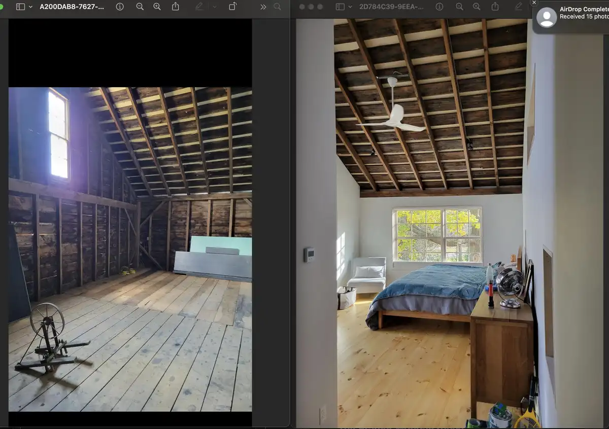 The image displays a side-by-side comparison: the left panel shows a bare, unfinished room with exposed wooden beams, rough…