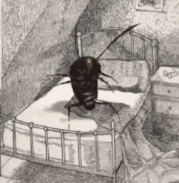 A six-panel black-and-white illustration shows a giant cockroach crawling across a bed in a bedroom. The cockroach is…