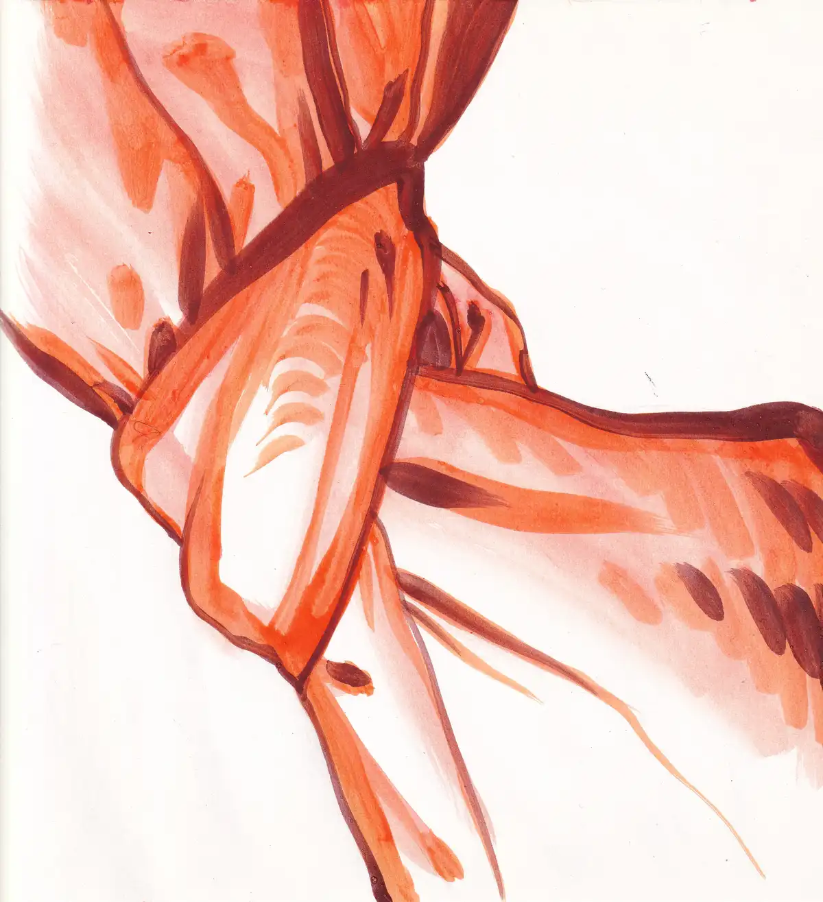 A watercolor painting depicts a stylized human figure in orange and red tones, with limbs and torso rendered in loose…