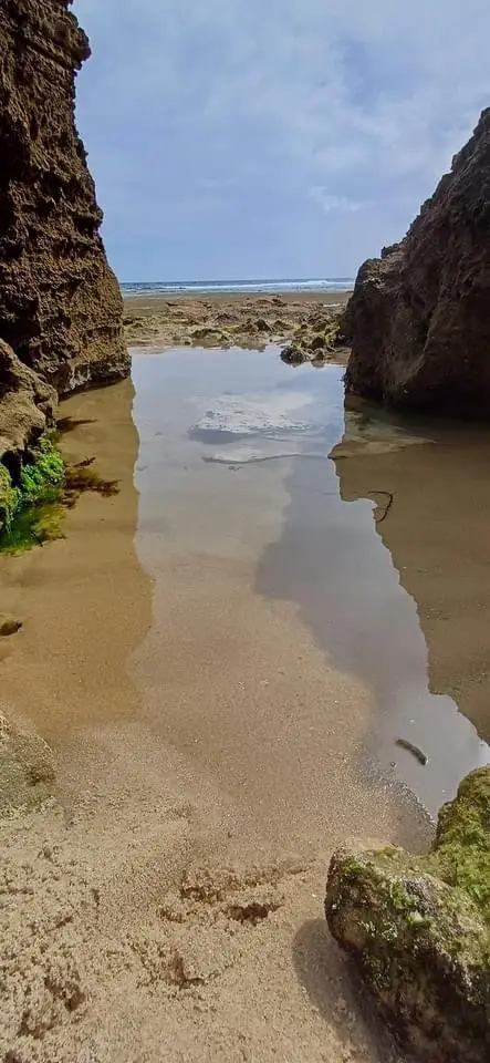 A narrow tidal pool between two rocky cliffs reflects the sky and clouds, with wet sand and green algae visible. The…