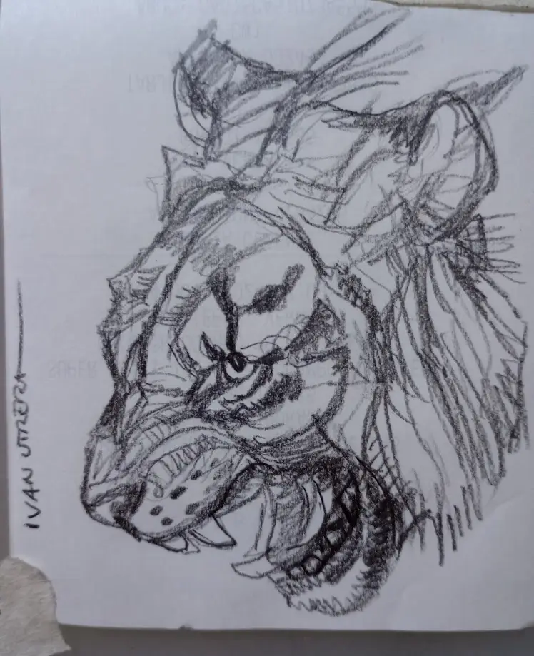 A rough pencil sketch of a tiger's head, drawn in profile, with a large, floppy hat covering its ears and top of its head…