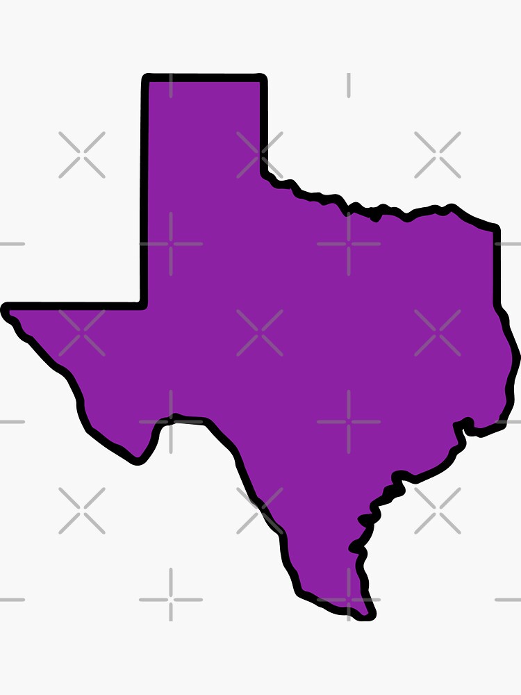 A solid purple silhouette of the state of Texas with a black outline is shown against a light gray background with watermark…