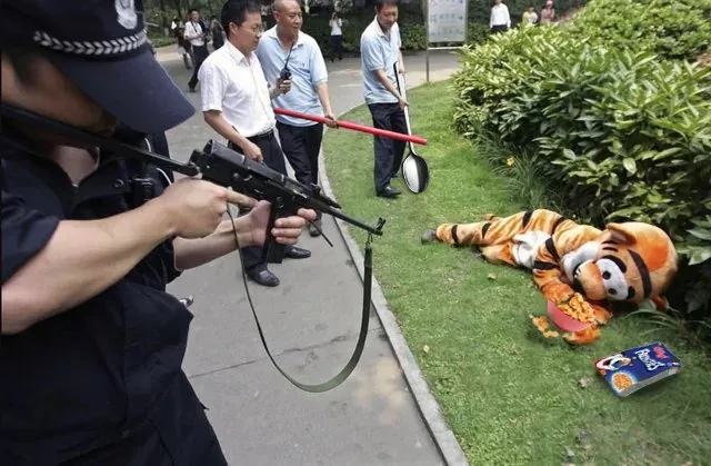 一名身穿制服、头戴警帽的警察手持一把玩具枪，正对准躺在草坪上的一个老虎玩偶。玩偶旁边散落着零食和一盒“乐事”薯片。背景中，几位穿着便装的男子手持长柄工具围观。警察的台词文字“警察：你被逮捕了！”叠加在图像上。