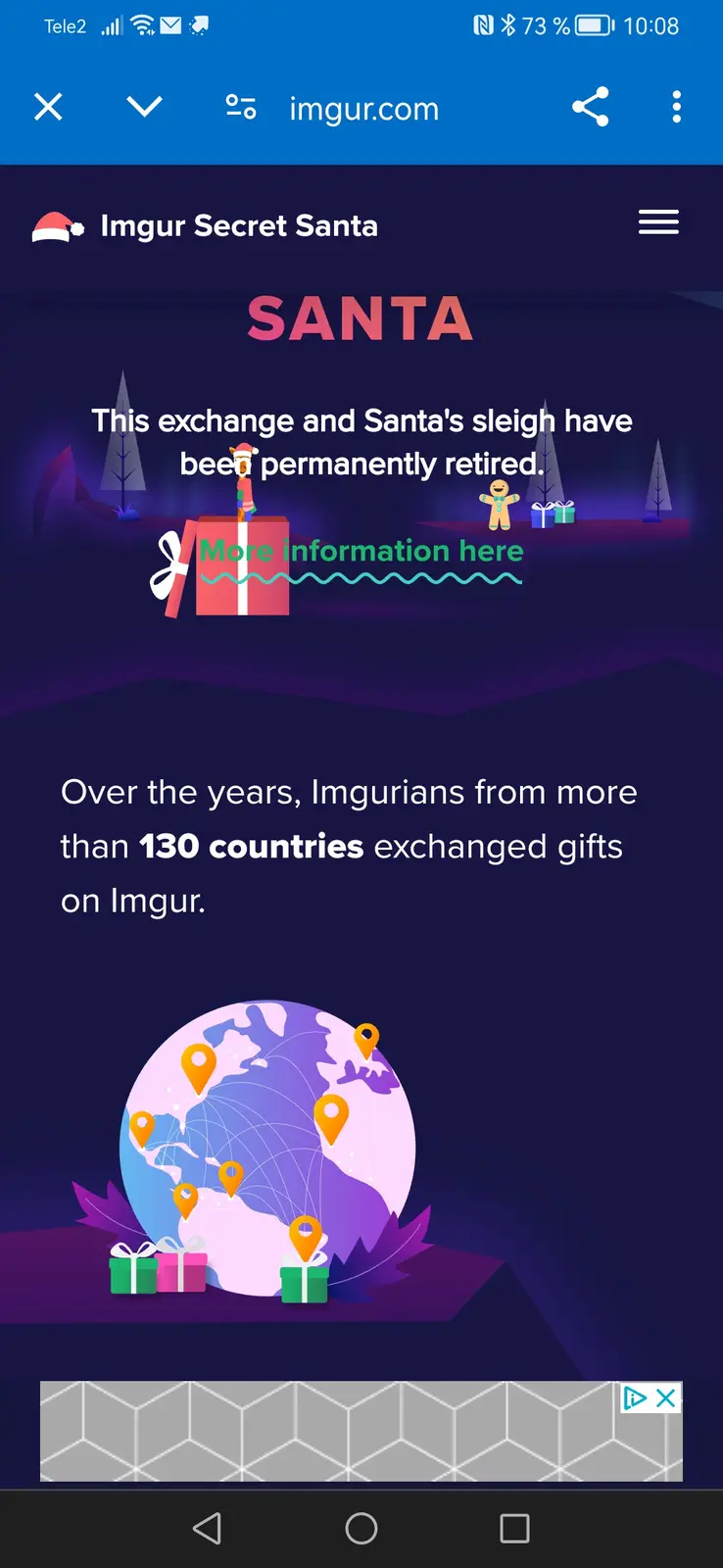 An Imgur webpage titled 'Imgur Secret Santa' announces that the holiday gift exchange and Santa's sleigh have been…