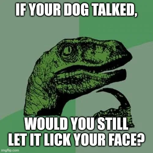 A green, stylized illustration of a raptor with a raised eyebrow and one hand under its chin, set against a split green…