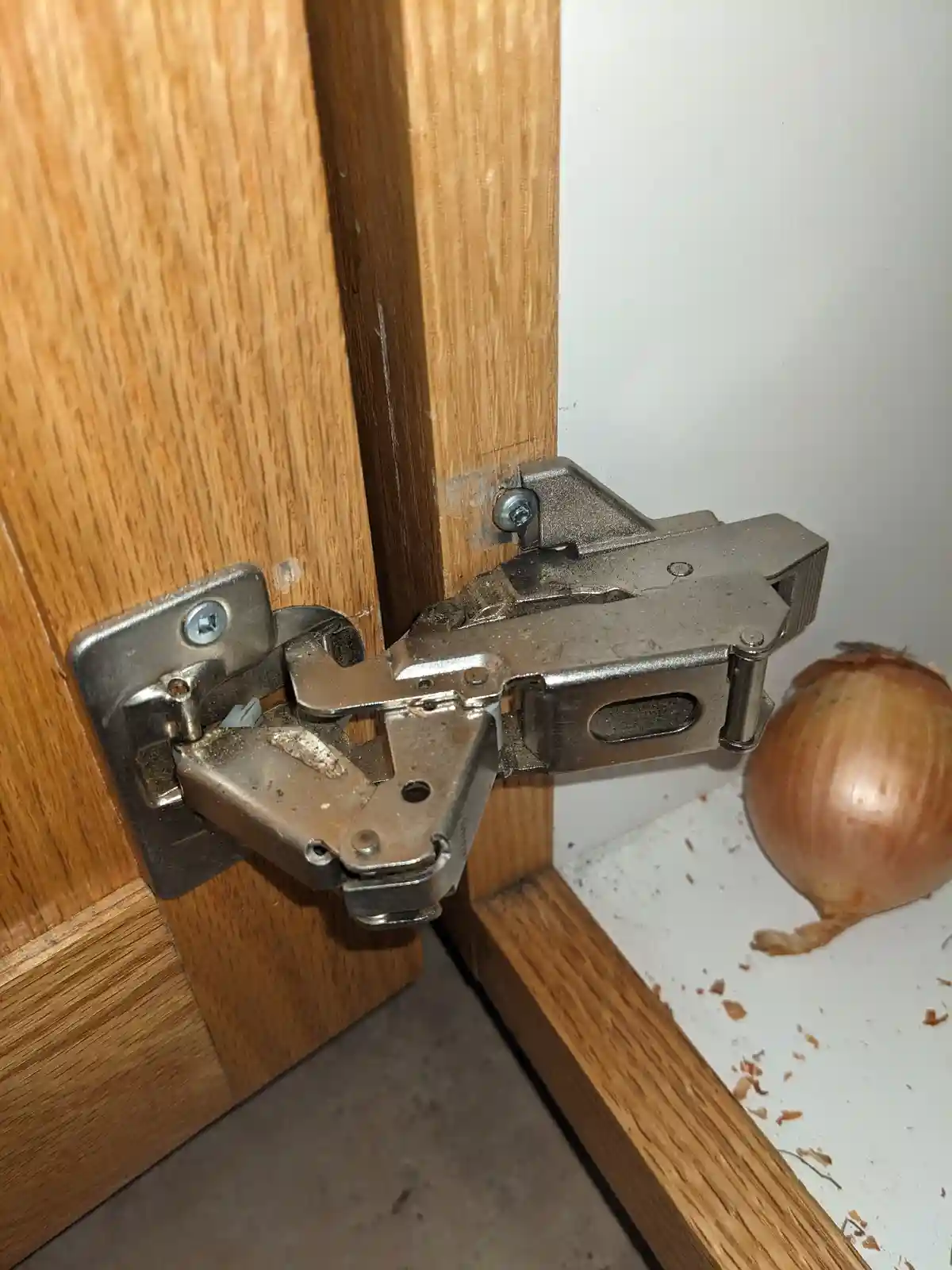 A close-up photo shows a metal door hinge attached to a wooden door frame, with a whole onion resting on the floor nearby…